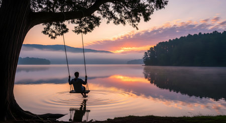 A silhouette of a person sitting on a tree swing, with their feet just touching the surface of a perfectly calm lake, creating ripples. The scene is set at a beautiful sunrise, with mist over the water and colorful clouds reflected on the surface.の素材