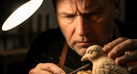 A close-up, intense portrait of an elderly male woodcarver with a furrowed brow, concentrating as he carves a small wooden bird. He is using a sharp tool for fine details, working under a bright desk lamp in his workshop.の素材