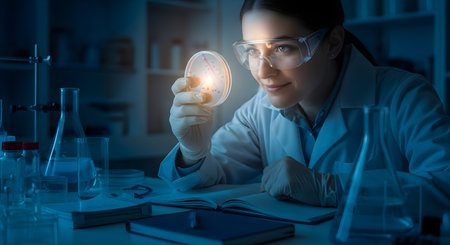 A female scientist in a dark laboratory, wearing safety goggles and a lab coat, examines a glowing petri dish. She smiles, indicating a successful experiment or discovery. The lab is filled with beakers, flasks, and notebooks.の素材