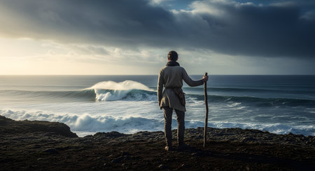 A person, seen from behind, stands on a rocky cliff holding a wooden staff, looking out over a dramatic, stormy ocean. Large waves crash below under a dark, cloudy sky. This image evokes concepts of adventure, fantasy, solitude, and the power of nature.の素材