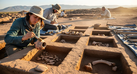 A team of archaeologists works diligently at a sunny, dusty excavation site, carefully unearthing artifacts and skeletons from the ground. In the foreground, a woman gently brushes dirt off an ancient painted pot, representing discovery and historical research.の素材