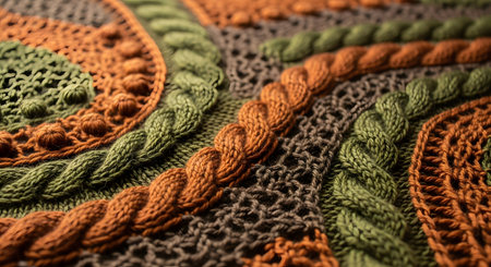 A detailed macro shot of a handmade, chunky knit blanket. The texture features various knitting patterns, including intricate cable stitches, in earthy colors of orange, green, and brown. The image highlights the cozy and warm feeling of handmade woolen textiles.の素材