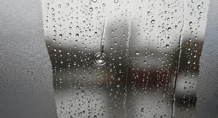 A close-up view of raindrops on a glass surface, with some drops forming streaks as they run down. One drop creates a perfect concentric ripple, with a blurry background visible through both smooth and textured sections of the glass. The mood is melancholic and peaceful.の素材