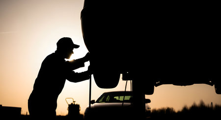 A silhouette of a mechanic wearing a cap, working on the underside of a car that is raised on a lift or jack. The scene is set against a bright, hazy sunset, casting the worker and vehicle in shadow.の素材