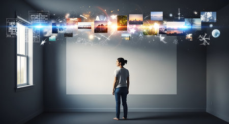 A woman stands in a dark room, looking at a large, blank white screen or wall. Above the screen, a holographic or digital stream of images, data, and blueprints floats in the air, representing concepts like virtual reality, streaming, or creative inspiration.の素材