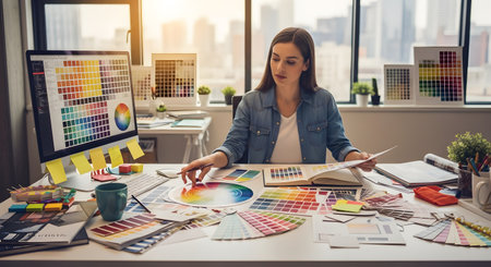 A female graphic designer works at her desk in a bright, modern office with a large window showing a city skyline. She is focused on choosing colors, comparing swatches, and using a color wheel, with a large monitor displaying a digital color palette. This image represents creativity, design, and a professional workspace.の素材