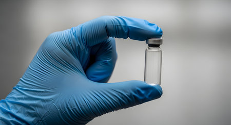 A close-up of a hand wearing a blue nitrile medical glove, holding a small, empty glass vial between the thumb and forefinger. The plain background focuses attention on the vial, representing vaccines, medicine, laboratory samples, or scientific research.の素材