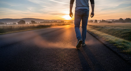 A low-angle, rear view of a man in jeans and a t-shirt walking down the center of an empty, rural asphalt road towards a beautiful, golden sunset. The warm light casts a long shadow in front of him. This image represents a journey, new beginnings, and moving forward.の素材