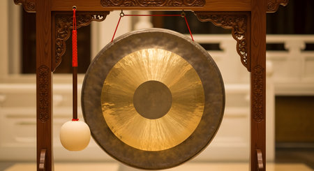 A traditional golden-bronze Asian gong (tam-tam) hanging in an ornate wooden frame. A mallet with a soft, round head hangs beside it. The image evokes concepts of meditation, zen, sound therapy, or a formal announcement.の素材