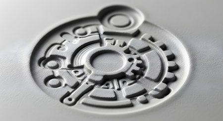 A macro, close-up shot of a complex mechanical or clockwork design embossed onto thick white paper. The intricate pattern of gears, cogs, and levers creates a 3D, tactile texture, representing precision, engineering, and craftsmanship.の素材