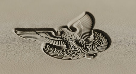 A macro close-up of an American eagle emblem or seal, embossed or stamped into a textured beige paper or cardstock. The patriotic symbol, featuring an eagle with wings spread, is shown in sharp detail.の素材