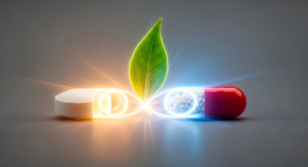 A conceptual image contrasting natural and pharmaceutical medicine. A glowing green leaf sits between a white pill and a red capsule, emitting orange and blue light, symbolizing the synergy or choice between herbal supplements and modern science.の素材