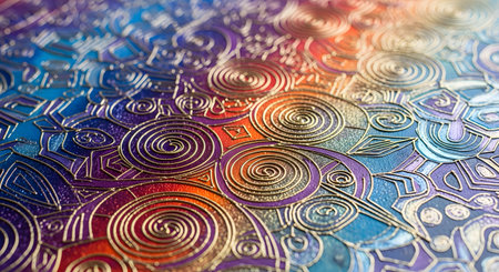 A close-up, macro detail of a colorful, textured paper or surface. The design features intricate, embossed gold foil swirls and geometric patterns on a vibrant, painted background of purple, blue, and orange.の素材