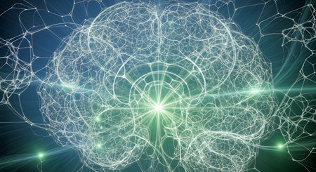 An abstract, futuristic visualization of a brain or neural network, formed by a complex web of glowing green and white lines. A bright light shines from the center, representing intelligence, consciousness, or AI.の素材
