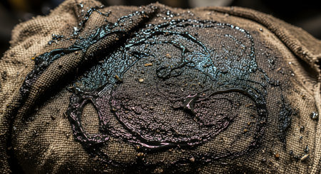 An extreme close-up, macro shot of a dirty, textured burlap rag soaked in thick, black, glistening oil or grease. The viscous liquid creates abstract swirls and patterns on the rough fabric.の素材