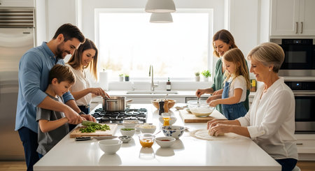 A happy three-generation family, including a grandmother, parents, and two children, cooking together in a bright, modern kitchen. They are smiling, chopping vegetables, rolling dough, and stirring a pot, enjoying quality time. This image represents family, togetherness, and healthy living.の素材