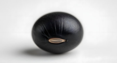 An extreme macro photograph of a single, shiny black bean on a clean white background. The detailed shot highlights the texture and the hilum (the eye) of the legume, representing concepts of food, simplicity, and nutrition.の素材