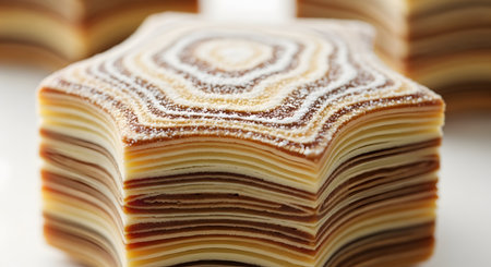 A macro shot of a star-shaped Baumkuchen, a traditional German layer cake, dusted with powdered sugar. The intricate, ring-like layers are clearly visible, showcasing the art of baking and creating a delicious, gourmet pastry.の素材