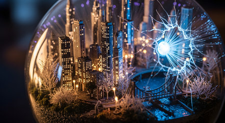 A detailed miniature city skyline is enclosed within a glass sphere, like a snow globe, with tiny lights illuminating the buildings and streets. A bright blue crack of energy or electricity fractures the side of the globe, creating a futuristic and fantastical concept.の素材