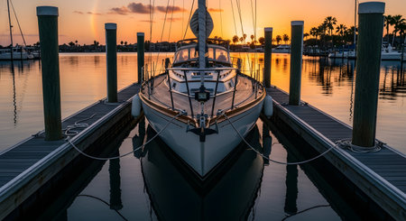 A beautiful sailboat is docked in a calm marina at sunset. The symmetrical view shows the boat's reflection in the water, with a golden sky, palm trees, and a faint rainbow in the background.の素材