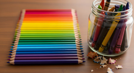 A variety of art supplies on a wooden desk. Colored pencils are neatly arranged in a rainbow spectrum, alongside a glass jar filled with colorful crayons and some crayon shavings. This image represents creativity, art, education, and back to school.の素材