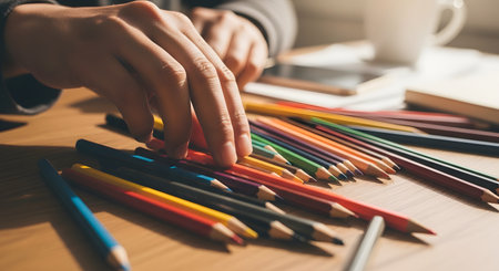 A close-up of a person's hand selecting a colored pencil from a pile of assorted pencils on a wooden desk. The scene suggests drawing, creativity, or studying, with a coffee mug and notebook blurred in the background. The lighting is warm and focused on the hands and pencils.の素材