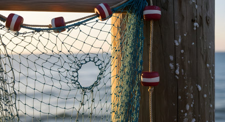 A close-up of a blue fishing net with floats hanging on a weathered wooden post of a pier. The calm sea is visible in the background during a beautiful sunrise or sunset, creating a serene, nautical atmosphere.の素材