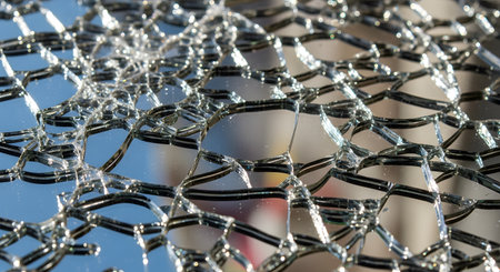 A close-up macro texture of shattered or broken glass, possibly a mirror, with numerous cracks. The fragments reflect the blue sky and create a sharp, abstract pattern.の素材