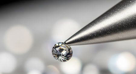 A brilliant-cut, sparkling diamond is held with precision by the tip of a tool, possibly tweezers or a gem holder. The macro photograph has a soft, bokeh background, emphasizing the luxury, clarity, and value of the precious gemstone.の素材