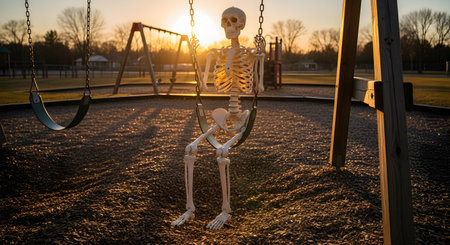 A humorous and slightly eerie scene of a full-size human skeleton sitting on a swing in a deserted playground at sunset. The warm, golden light of the setting sun creates long shadows. The image can represent concepts like loneliness, waiting forever, dark humor, or the end of childhood.の素材