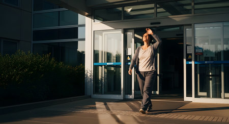 A woman in casual clothes walks out of the automatic glass doors of a modern building, possibly a hospital or office, during a sunny evening or morning. She shields her eyes from the low sun, which casts long shadows.の素材