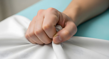 A close-up of a person's hand clenched into a tight fist, gripping a white fabric sheet. The image powerfully conveys intense emotions such as pain, stress, anger, anxiety, or determination, possibly in a medical or therapeutic context.の素材