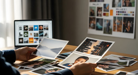 A photographer or designer sits at a wooden desk, sorting through various printed photographs. In the background, a laptop displays a photo gallery, and a mood board hangs on the wall. This image represents photography, creative workflow, and photo editing.の素材