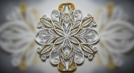 An intricate and delicate mandala or snowflake design made from paper quilling, in white and gold colors. The symmetrical artwork is set against a white background with a soft, blurred vignette, highlighting the detailed coils and scrolls.の素材