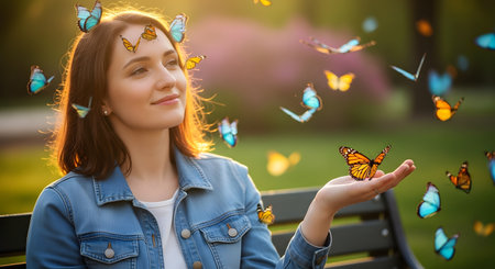 A beautiful young woman sits peacefully on a park bench, surrounded by a swarm of colorful flying butterflies. One monarch butterfly rests on her hand while others are in her hair, creating a magical and serene scene of harmony with nature.の素材