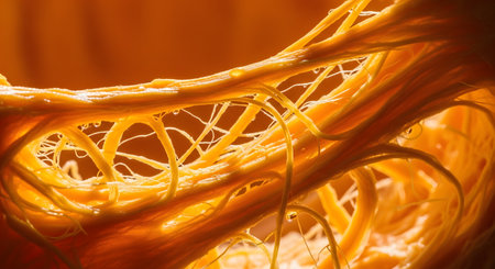 An extreme close-up, macro shot of the stringy, fibrous pulp inside a pumpkin. The orange, sinewy strands are wet and glistening, creating an abstract and visceral texture.の素材