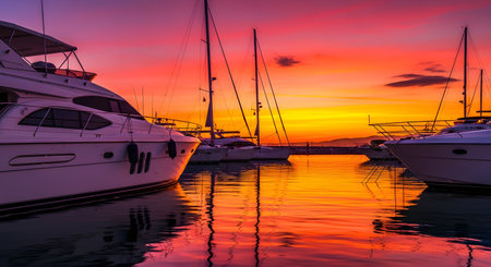 Luxury yachts and sailboats are moored in a tranquil marina against the backdrop of a spectacular, fiery orange and purple sunset. The vibrant colors of the sky are reflected in the calm water, creating a scene of wealth, leisure, and beautiful travel destinations.の素材