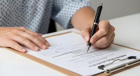 A close-up of a person's hands using a black pen to fill out a form or sign a document attached to a clipboard. The scene takes place at a white desk, suggesting a professional or official setting for applications, contracts, or medical paperwork.の素材
