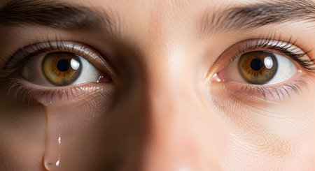 An extreme macro shot of a person's beautiful hazel eyes, with a single tear rolling down their cheek from one eye. The image powerfully conveys emotions of sadness, grief, vulnerability, and sorrow.の素材