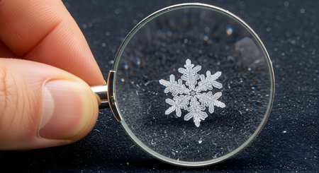 A hand holds a magnifying glass to reveal the intricate, symmetrical structure of a real snowflake on a dark surface. The image highlights the unique beauty and complexity of ice crystals.の素材