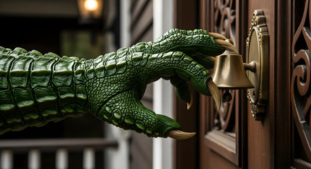 A close-up of a green, scaly monster or reptile hand with sharp claws pressing a vintage brass doorbell. The spooky or fantasy-themed image shows the creature at a wooden door.の素材