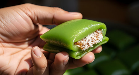 A close-up of a hand holding a traditional Indonesian or Malaysian dessert, Kue Dadar Gulung. The green, pandan-flavored crepe is folded and filled with a sweet mixture of grated coconut and palm sugar.の素材
