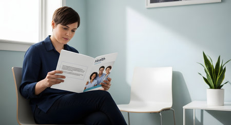A woman with short hair sits in a modern waiting room, reading a health insurance or medical brochure. The clinic or doctor's office is clean and bright, with a plant in the background.の素材