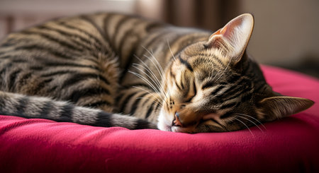 A beautiful brown tabby cat, possibly a Bengal, sleeps peacefully on a soft, bright red cushion. The cat is curled up, its eyes closed, in a state of deep relaxation and comfort.の素材