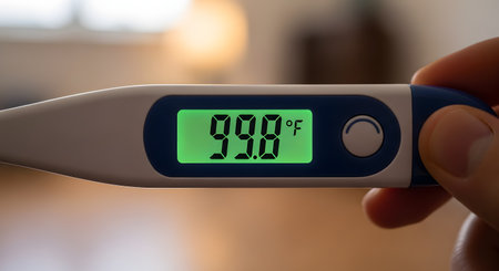 A close-up of a hand holding a digital medical thermometer, displaying a temperature of 99.8 degrees Fahrenheit. The screen is green, indicating a mild fever. The background is a blurred home interior.の素材