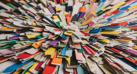 An abstract, dynamic image of numerous colorful paper strips exploding outward from a central point. The chaotic and vibrant composition creates a sense of energy, creativity, and celebration, suitable for a festive or artistic background.の素材