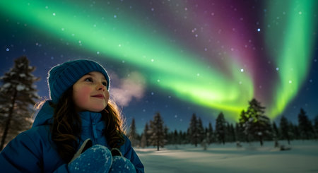 A young girl in a warm blue winter hat and jacket looks up in awe and wonder at the spectacular green and purple Aurora Borealis lighting up the night sky. She stands in a snowy forest, with her warm breath visible in the cold air.の素材