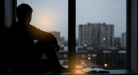 The silhouette of a lonely young man sits on a windowsill, looking out at a rainy cityscape at dusk. The raindrops on the glass and the somber mood evoke feelings of sadness, contemplation, loneliness, and introspection.の素材