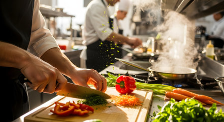 A close-up of a chef's hands rapidly chopping fresh herbs on a wooden cutting board in a busy professional kitchen. Other ingredients like red peppers and carrots are nearby, while another chef works near a steaming pan in the background. This image captures the action and energy of a restaurant.の素材