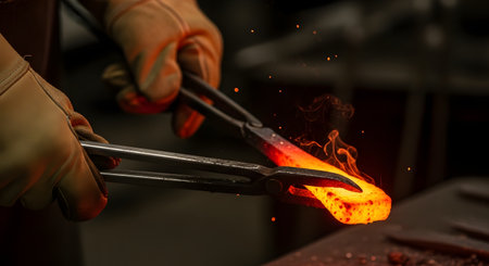 A close-up of a blacksmith's gloved hands using tongs to securely hold a piece of metal that is glowing bright orange from the heat of the forge. Sparks fly from the hot iron, capturing the intense and skillful process of metalworking.の素材